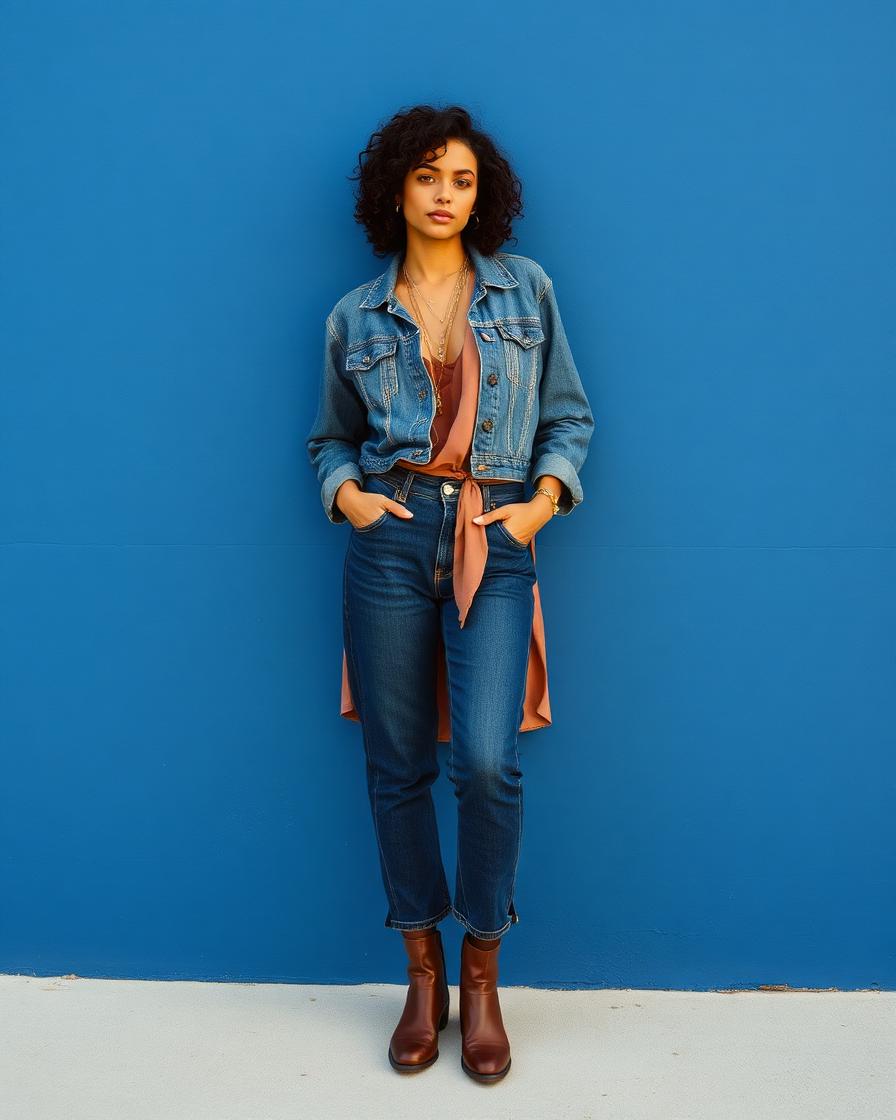 SLOW-MODE editorial look — vintage denim and silk against a cobalt wall