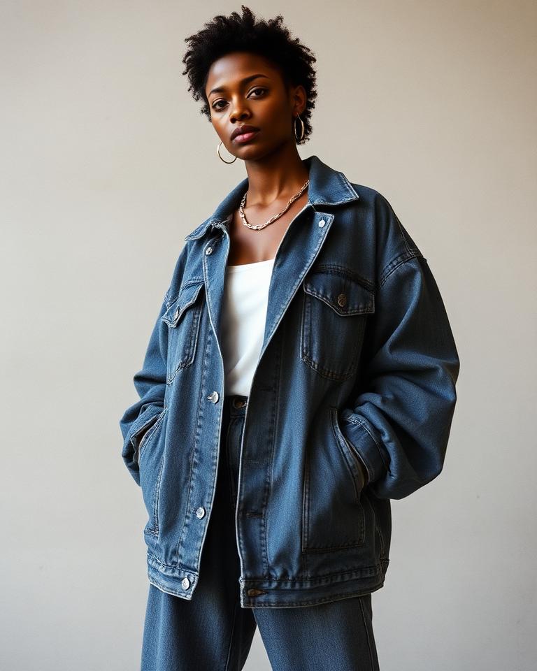 Model in an oversized vintage denim jacket