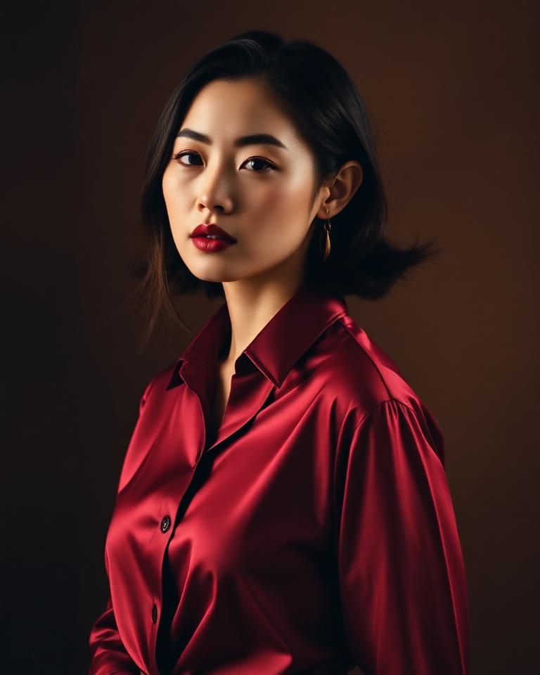 Model in a deep burgundy silk evening shirt
